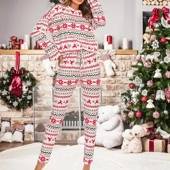 

Christmas Pajamas Two Pieces Sets Long Sleeve Tops and Long Pants Home Suits Ladies Fashion Sleepwear Print Cute Winter Women