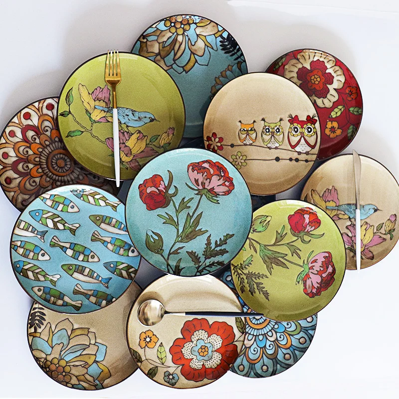 Creative retro hand-painted ceramic cutlery household round flat steak plate art decorative dishes dinner plates tray | Дом и сад