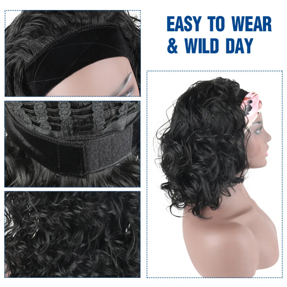 h76kBody Wave Short Curly Ponytail for&nbsp;Black&nbsp;Women Loose Wave Headband Wigs Headwrap Synthetic Natural Wave Turban Ponytail Hair Extension