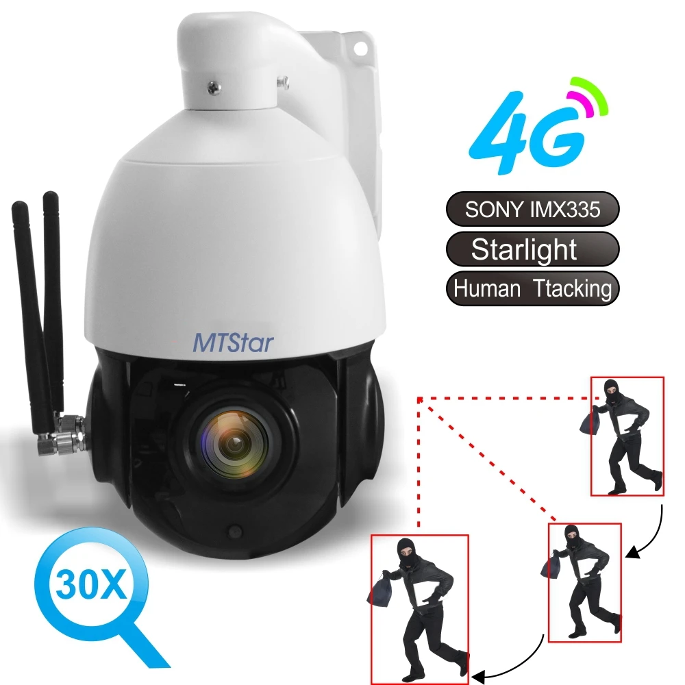 MTStar 4 дюйма 5MP 30X Zoom 4G WIFI PTZ камера слежения человека Starlight поддержка 128G TF карта P2P IR