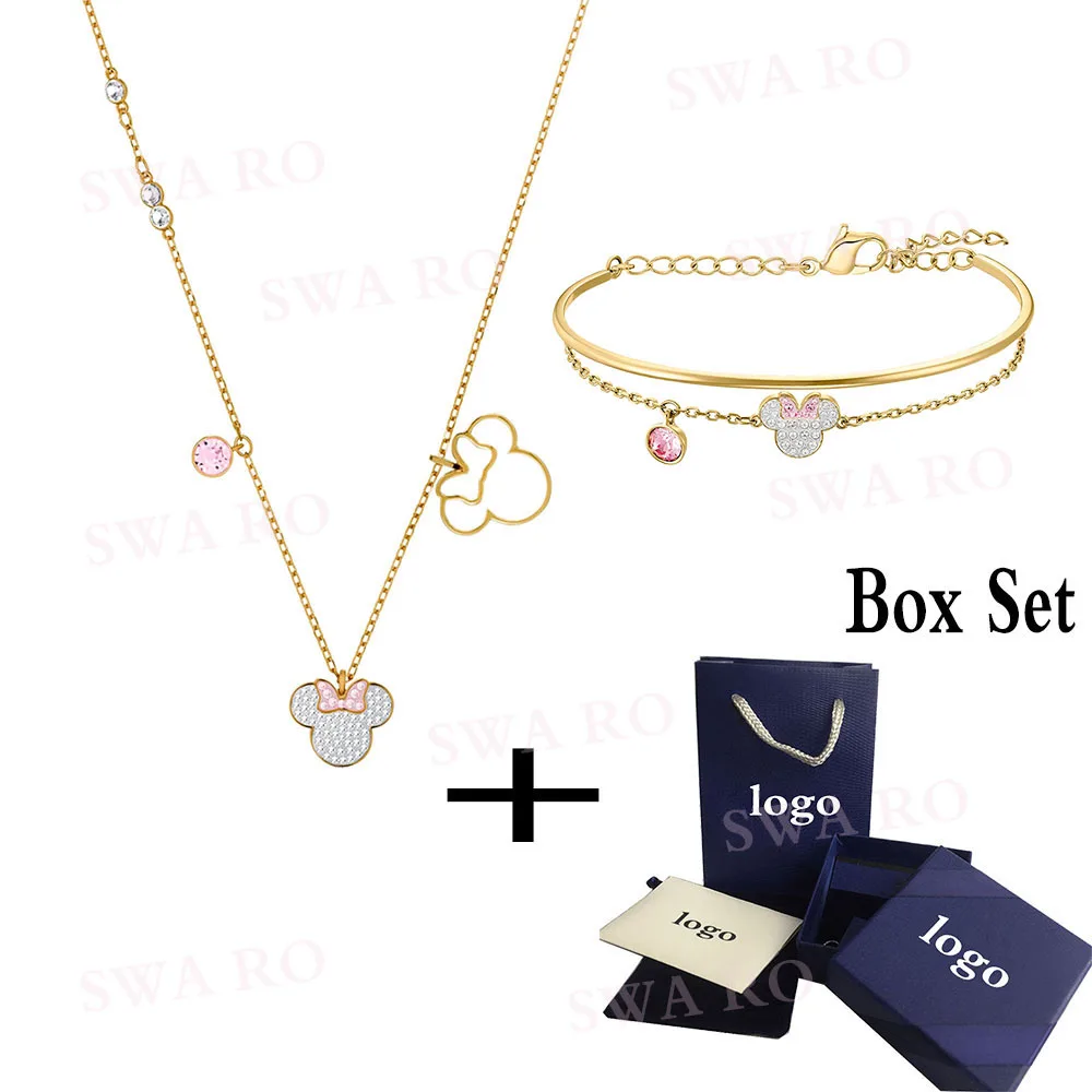 

2019 New Lucky My mouse set logo character Gold Romantic Wild Gorgeous Mouse Pink Bow Crystal Female Necklace Jewelry Set