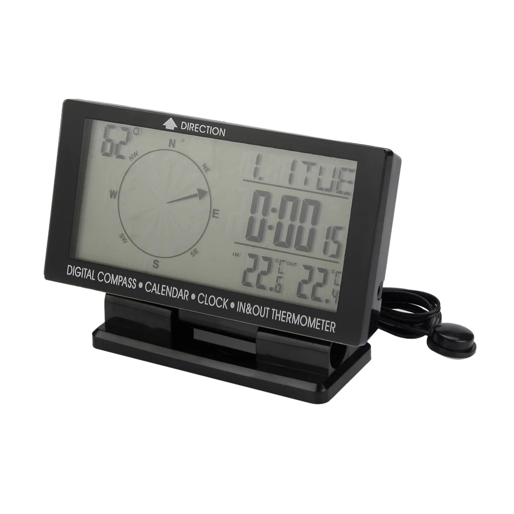 LCD Display Car Digital Compass Blue LED Luminous With Clock Indoor/Outdoor Thermometer Calendar Function with Base Holder