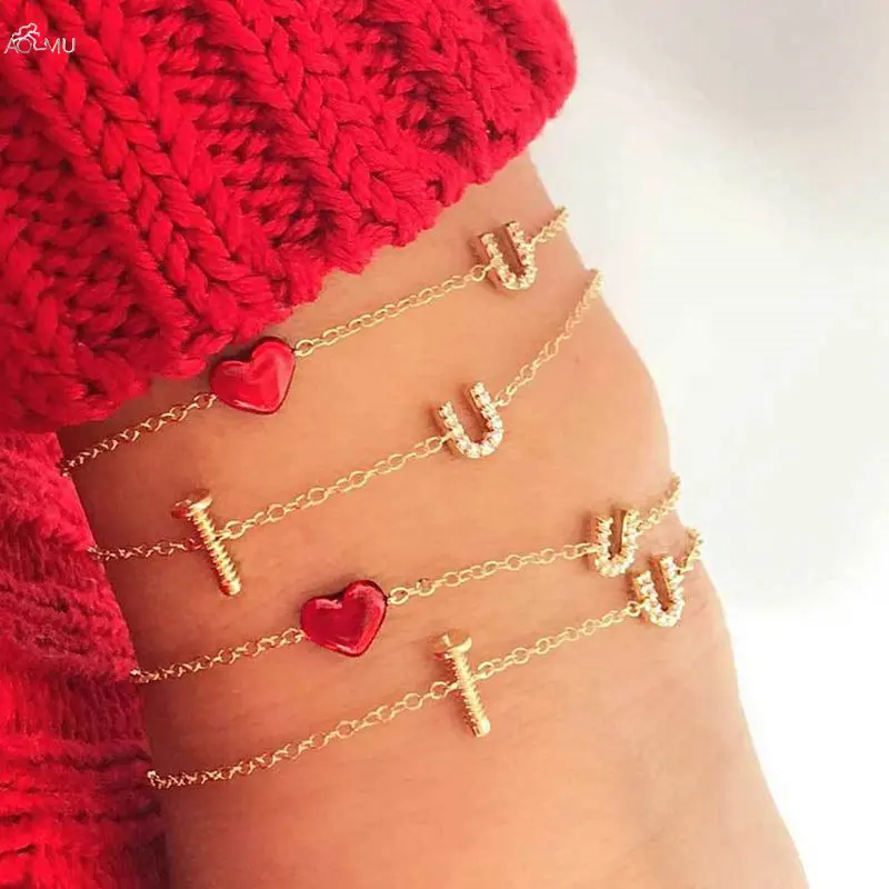 AOMU корейский модный многослойный браслет в форме сердца с буквами, браслет со стразами, Женские аксессуары, бижутерия