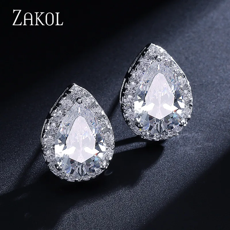 ZAKOL Fashion Big Pear Cubic Zircon Stud Earrings with Tiny Crystal Exquisite White Color Bridal Wedding Jewelry Aretes FSEP001