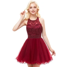 Простое кружевное платье с бретелькой на шее и бисером, мини-платья для возвращения на родину, а-силуэт, Короткие Выпускной вечеринка