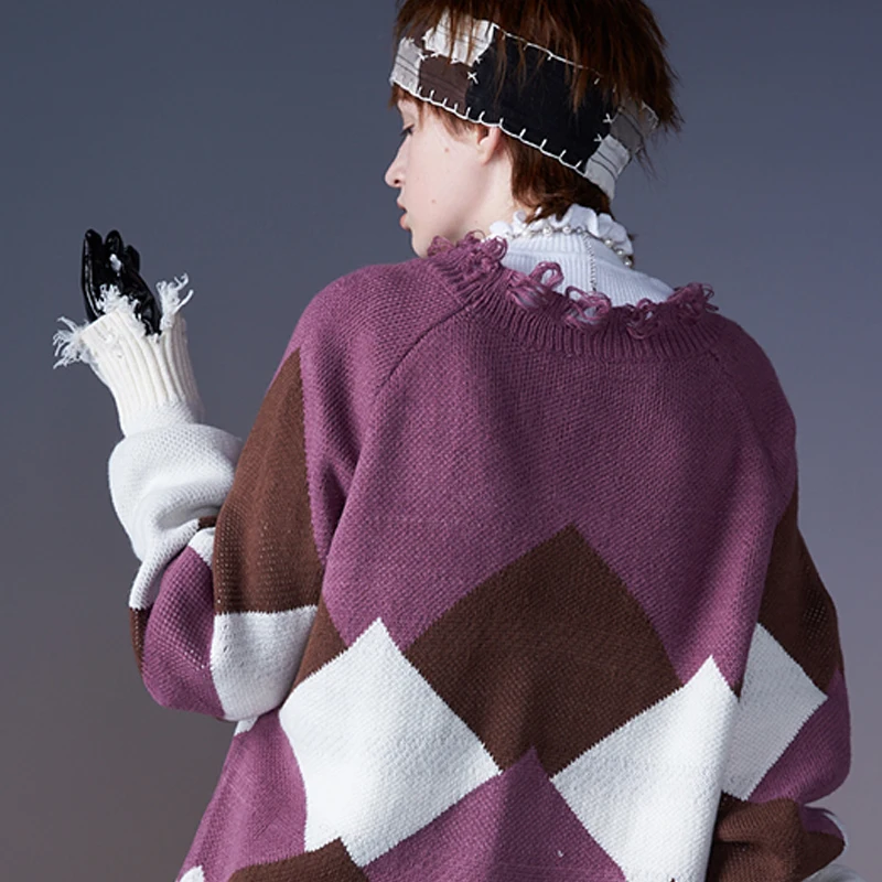Casual Plaid Knitted Women Pullover Sweater Knitwear