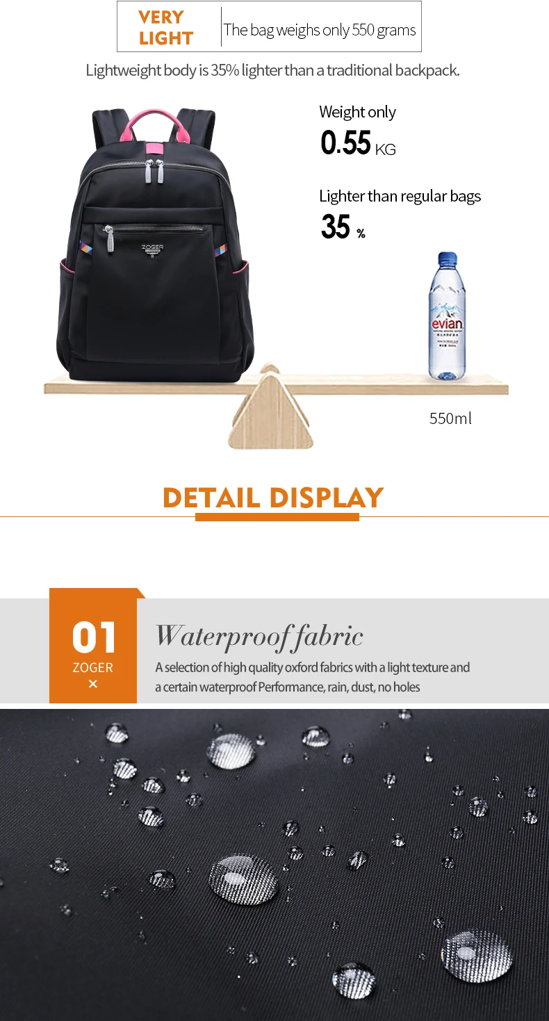ZOGER travel shoulder high quality laptop bag Oxford canvas casual lady lightweight large capacity backpack for girls in their 2