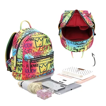 

2020 New Arrival Brand High Quality Graffiti Backpack for Women Designer Back Bag Large Capacity Rainbow Colorful Pu Leather Bag