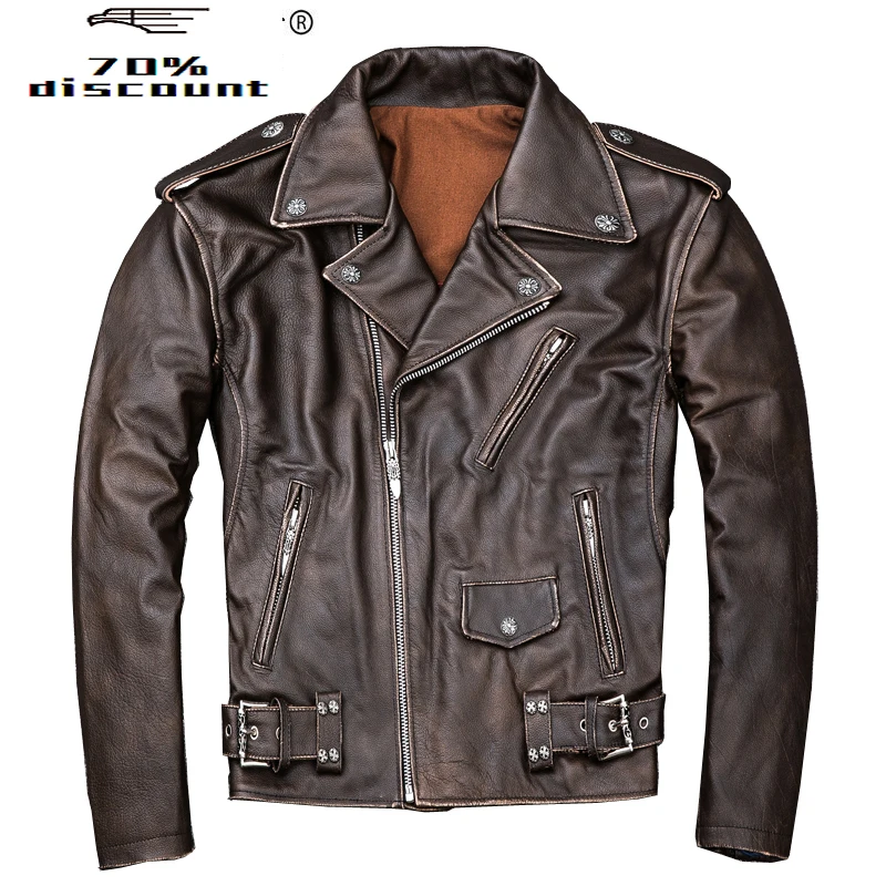 

Real Cow Leather Jacket Men Vintage Genuine Leather Jackets Spring Fall Motorcycle Cowhide Chaqueta Cuero Hombre KJ2925