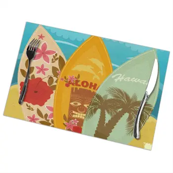 

6 Pcs Placemat Vintage Surfboards On Beach Fabric Table Mats Tableware Kitchen Tool Table Mats