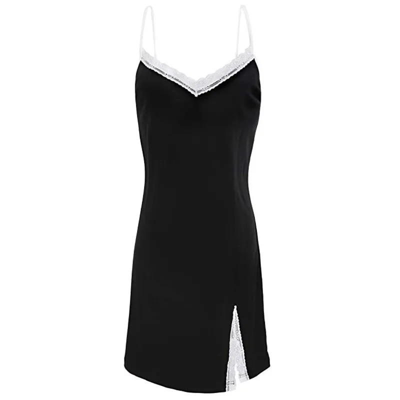 Женская пижама, Сексуальная кружевная хлопковая ночная рубашка, женское Мини Короткое платье на бретельках, без рукавов, синяя, черная ночная рубашка, тонкая ночная рубашка