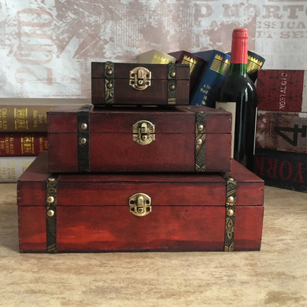 

Vintage Wooden Treasure Chest Storage Box Lock Organizer Case Foldable Mini Small Wood Home Decor Container Trinket Jewelry Bin
