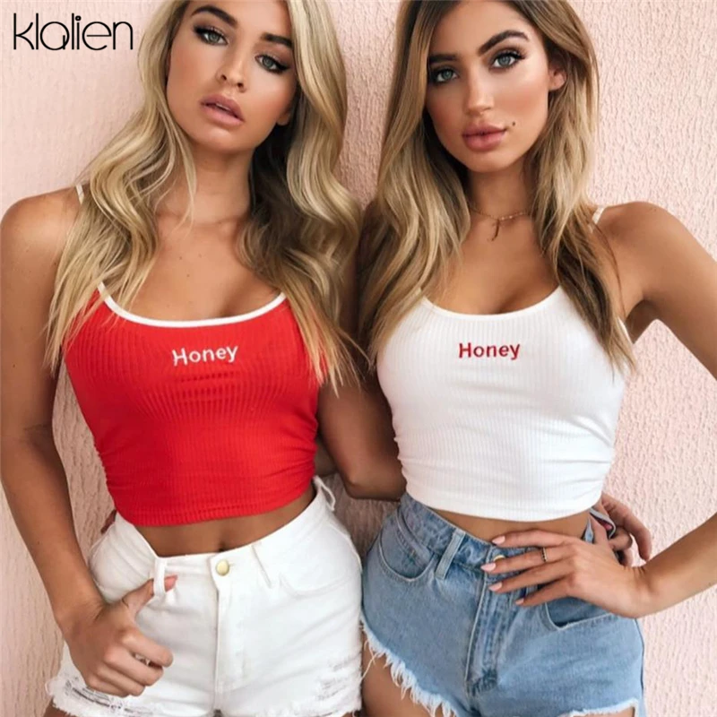 KLALIEN, новинка, модные женские топы, красные, белые, с надписью "honey", с принтом, сексуальные, обтягивающие, повседневные, без рукавов, камзол, кроп-топ