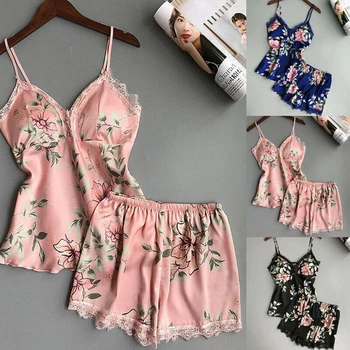 

Soft Sexy Women'S Pyjama Set Home Clothes Silk Lace Cami Vest Overall Print Summer Fashion Lingerie Comfortable Breathable