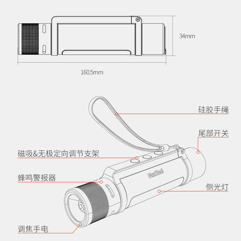 Youpin NEXTOOL 6-in-1 1000lm Dual-light Zoomable Alarm Flashlight USB-C Rechargeable Mobile Power Bank Camping Work Ligh