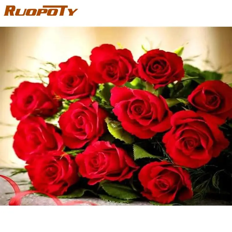 

RUOPOTY Red Rose Flower Painting By Numbers For Adults HandPainted Home Decor Wall Painting 50x65cm Frame On Canvas