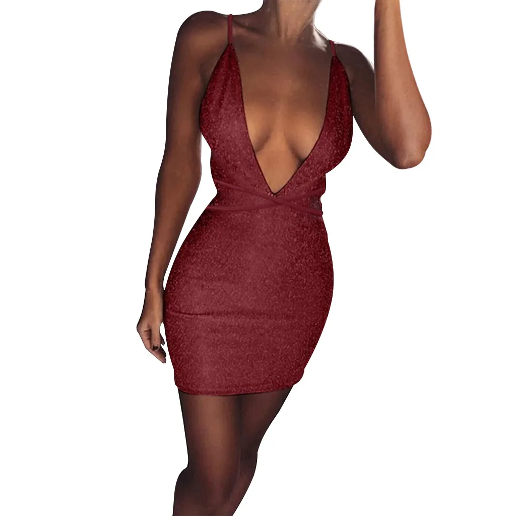 Женское сексуальное однотонное блестящее клубное мини-платье на бретельках с v-образным вырезом и блестками осень размера плюс# g30 - Цвет: Бургундия