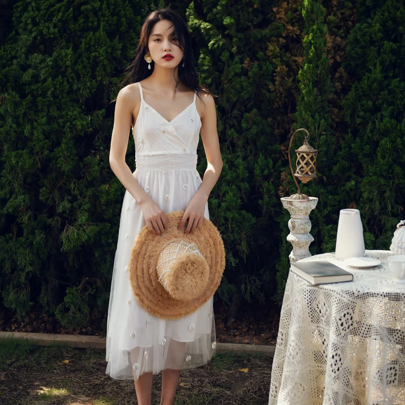 

Long White High-waist Women Straps Dress Summer Elegant Backless Vacation Party Dress Korean Casual Beach Runway 2020 Dresses