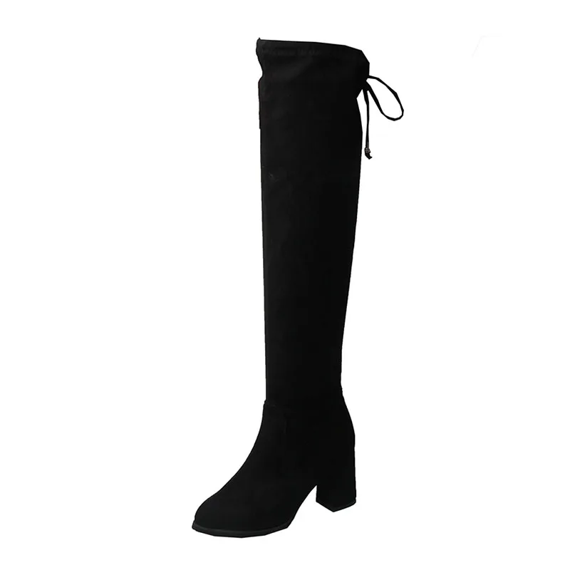 Taoffen Slim Thigh High Boots Women Solid Color High Heels Shoes Winter Warm Long Boots Women Over The Knee Boots Size 35-40 - Цвет: black
