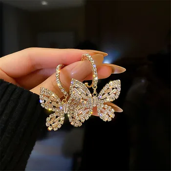 FYUAN New Style Golden Butterfly Zircon Crystal Dangle Earrings for Women Blue Rhinestone Weddings Party Jewelry Accessories