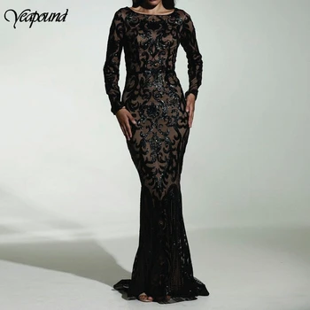 

Sexy Women O-Neck Long Sleeve Sequin Dress Vintage Embroidery Geometry Maxi Elegant Dress Sequined Vestidos Dropship
