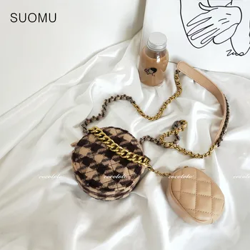 

Tweed gold long chains small round coins bag minin card bag women houndstooth plaid double crossbody bags 2019 winter new