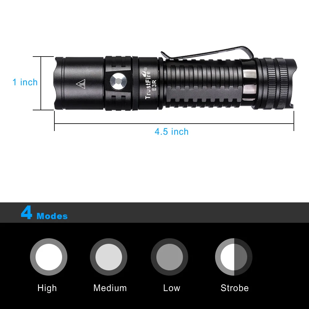 Trustfire E3R 충전식 LED 손전등, USB 충전, 1000 루멘, 18650 포켓 Edc 토치 램프, 관광 및 야외 캠핑