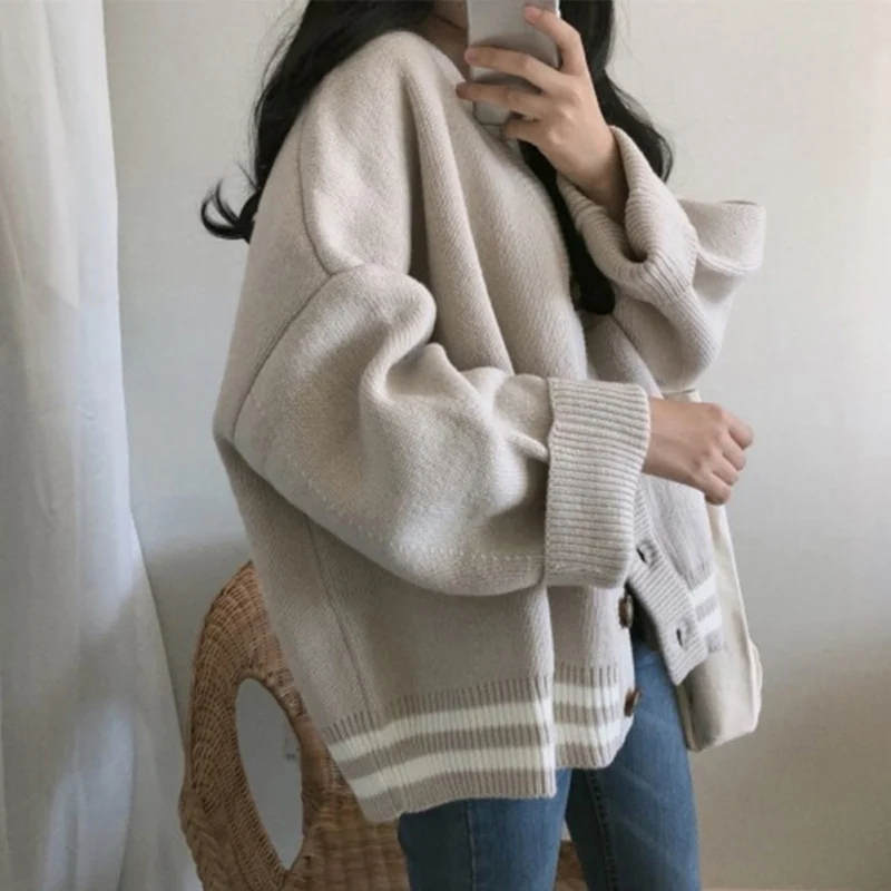 Women Casual Striped Sweater Cardigan Female V-Neck Tops Oversized Long Sleeve Single Breasted Sweater Coat