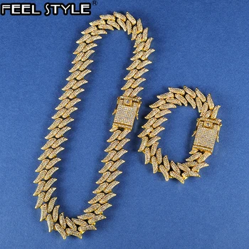 

Hip Hop 19MM Bling AAA+ Iced Out Alloy Rhinestones Thorns Cuban Link Chain Bracelet Necklace For Men Jewelry