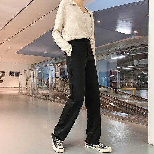 Fall2019 pantalones mujer cintura alta широкие брюки размера плюс брюки карго Брюки Женский костюм Драповые прямые брюки 7263 50 - Цвет: Черный