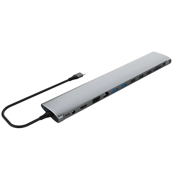 

USB Hub 13 in 1 Multi-Port Type C USB 3.0 RJ45 HDMI VGA PD Charging Adapter Split Sn for PC