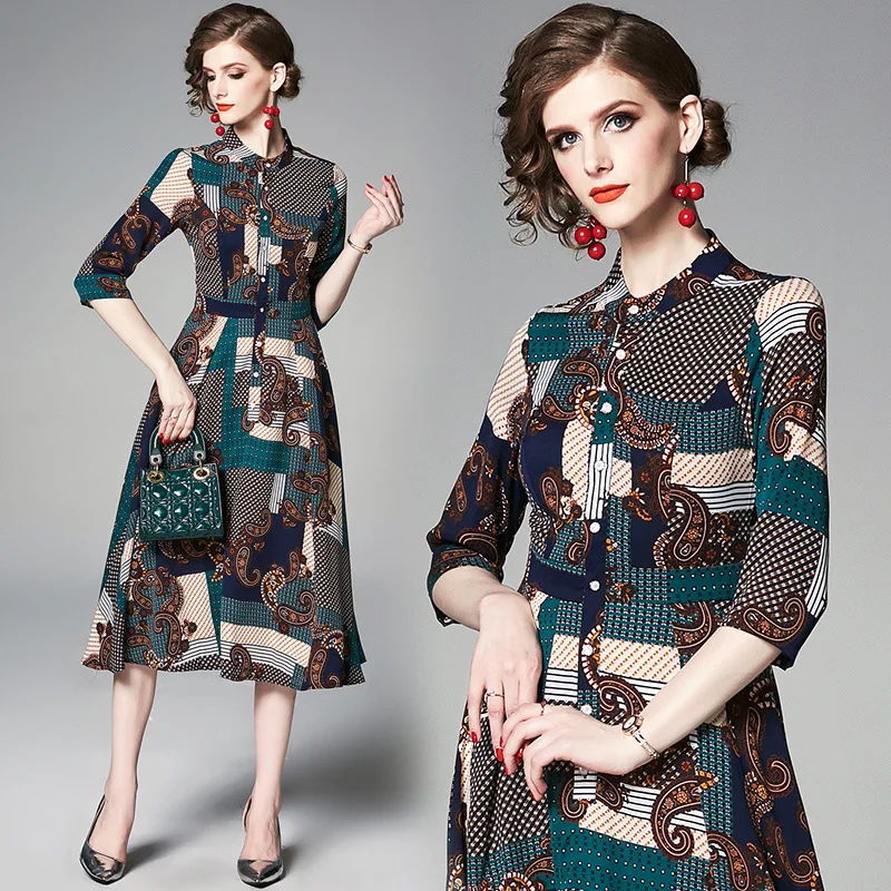 

Photo Shoot Ozhouzhan 2019 Spring And Summer New Style Geometry Floral Printed Dress Mid-length Slim Fit Slimming Skirt
