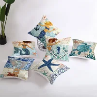 45X45CM Retro Mediterranean Ocean Print Blue Green Cushion Case Hot Mermaid Fish Pillows Case Sofa Seat Livingroom Throw Pillows 2