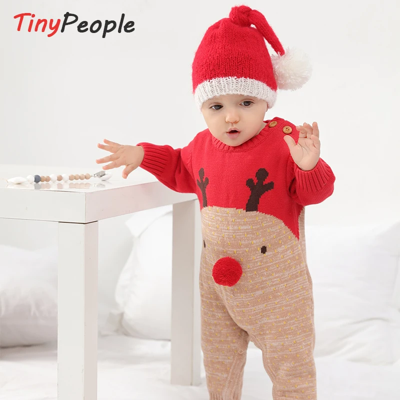 TinyPeople/Новинка 2019 года; Милые трикотажные комбинезоны с красным оленем для малышей; одежда для маленьких мальчиков; зимние плотные теплые