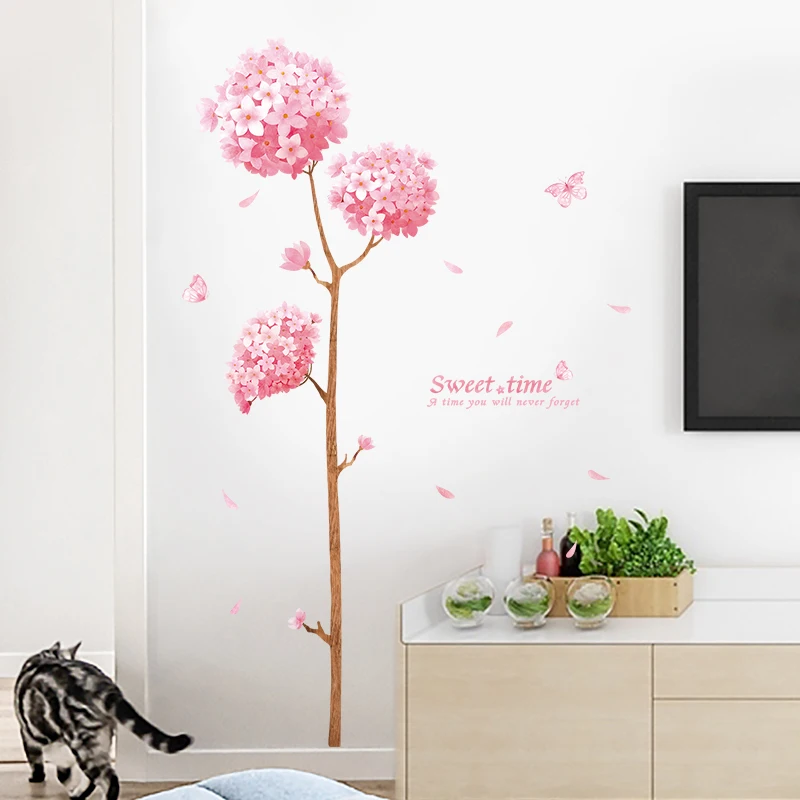 

Pink Tree Wall Stickers Flowers for Kids Rooms Girl Bedroom Living Room Decoration Aesthetics Posters Decals Home Decor