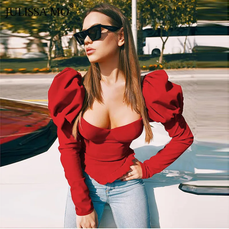 

JULISSA MO Vintage Puff Sleeve T Shirt Women Tops Fashion Ruffles Long Sleeve Shirts Female Autumn Strapless Sexy Skinny T-Shirt