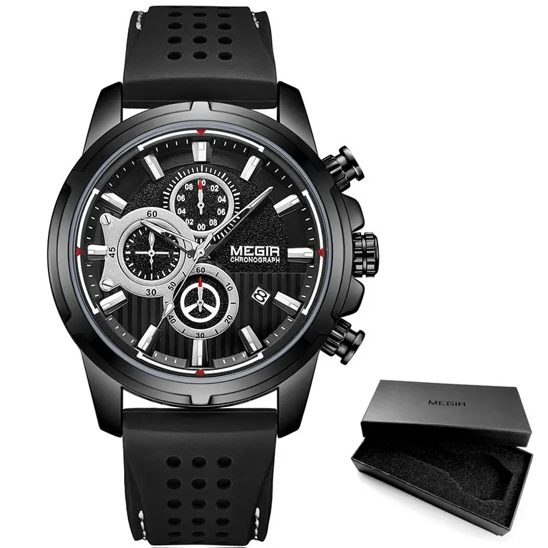 MN2101G-Black MEGIR армейские спортивные кварцевые часы, мужские наручные часы с хронографом и силиконовым ремешком, роскошные часы от ведущего бренда Relogios Mascuoino, часы, серебро 2101 - Цвет: MN2101G-Black