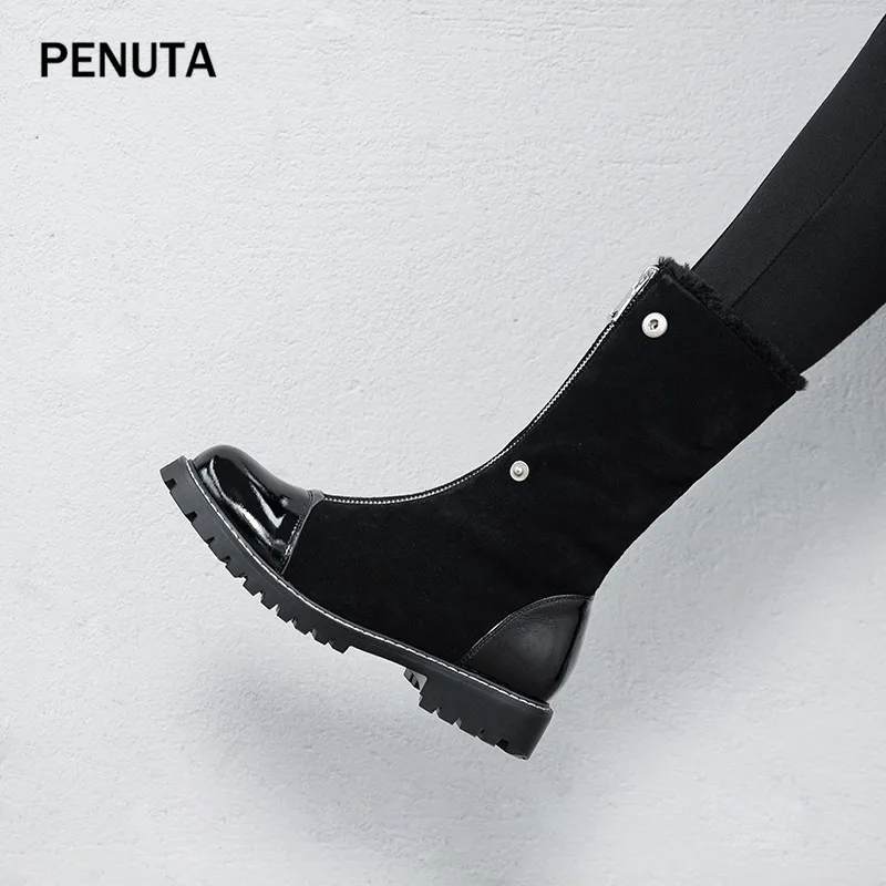 PENUTA; женские зимние ботинки до середины икры на молнии; botas mujer; Лоскутная обувь на меху; Модный дизайн; PD988