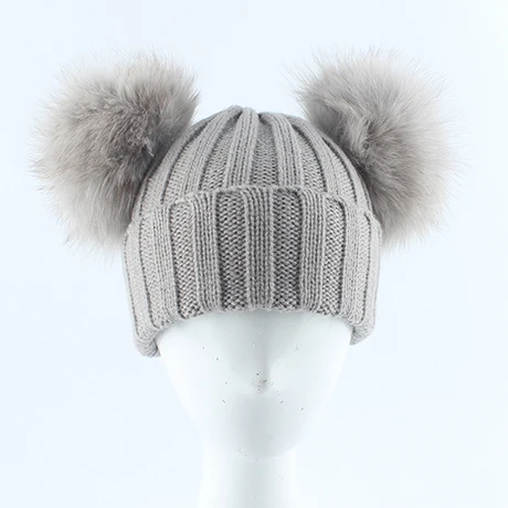 Серый New Winter Hats For Girls Boys Fox Fur Pompom Hat Baby Kids Beanie Double Pompom Fur Hat Children Knitting Hat Skullies - Цвет: Серый