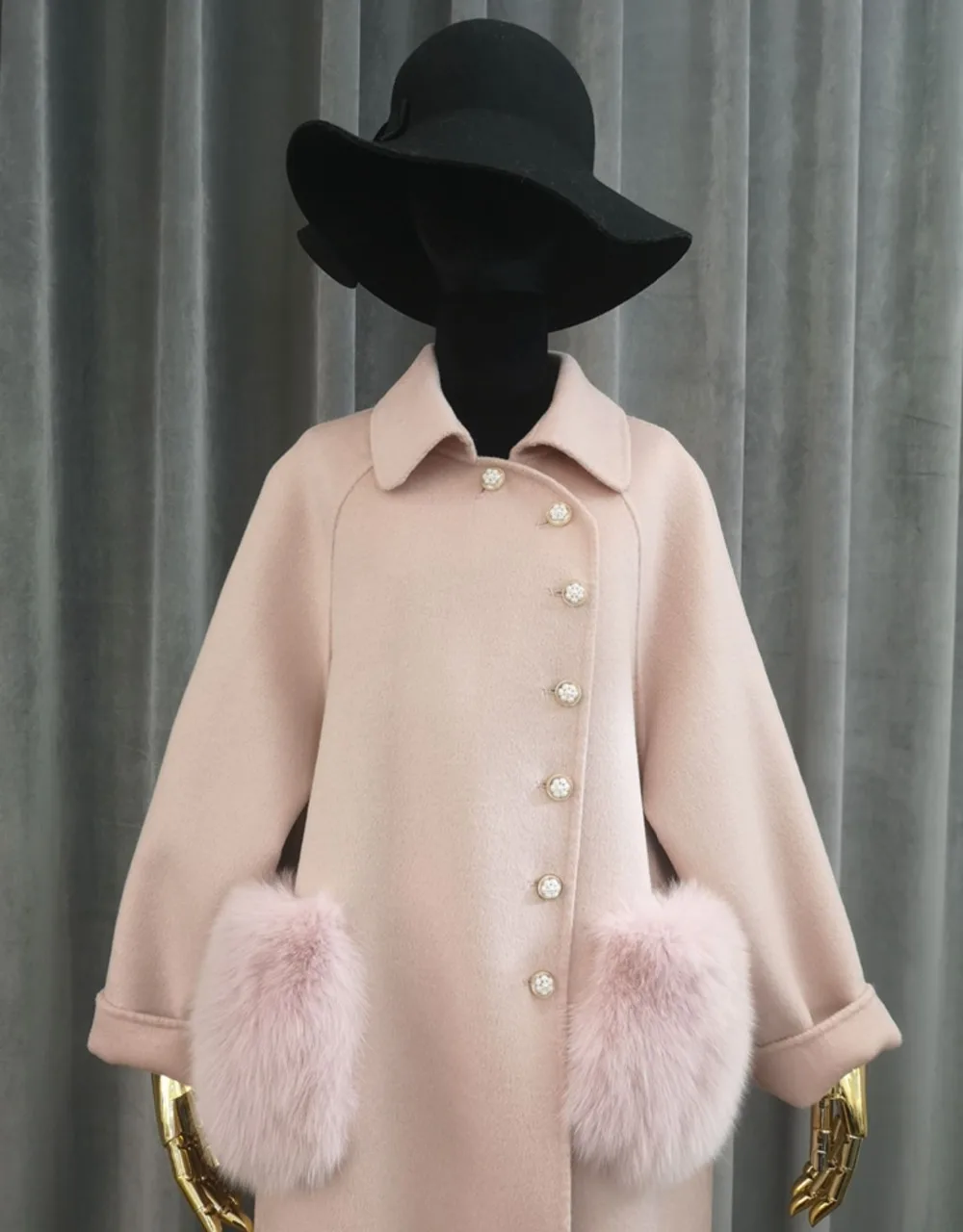 New Design Traditional Button Oblique Casaco Feminino Real Fox Fur Pockets Woman Coat Autumn Popular Outerwear Wool Coat