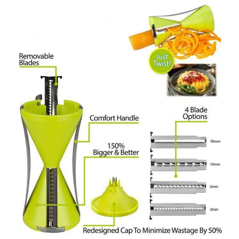 Kitchen Multi-Function Cutter, Spiral Funnel Wire Cutter Rotary Shredder Grater Stainless Steel Blade