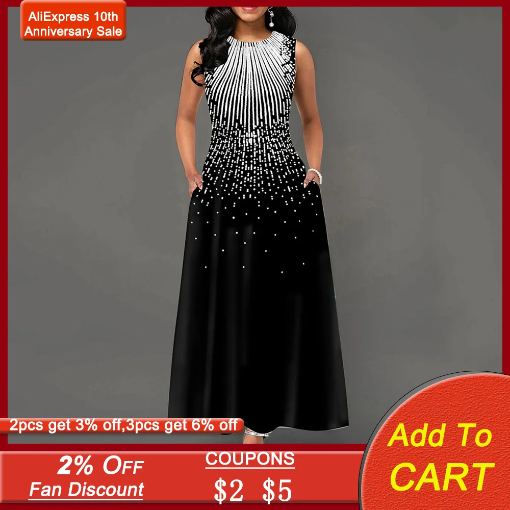 

Contrast Color Evening Party Dress Women Sleeveless A-Line Elegant Prom Dresses with Pocket Vintage Printed robe de soiree