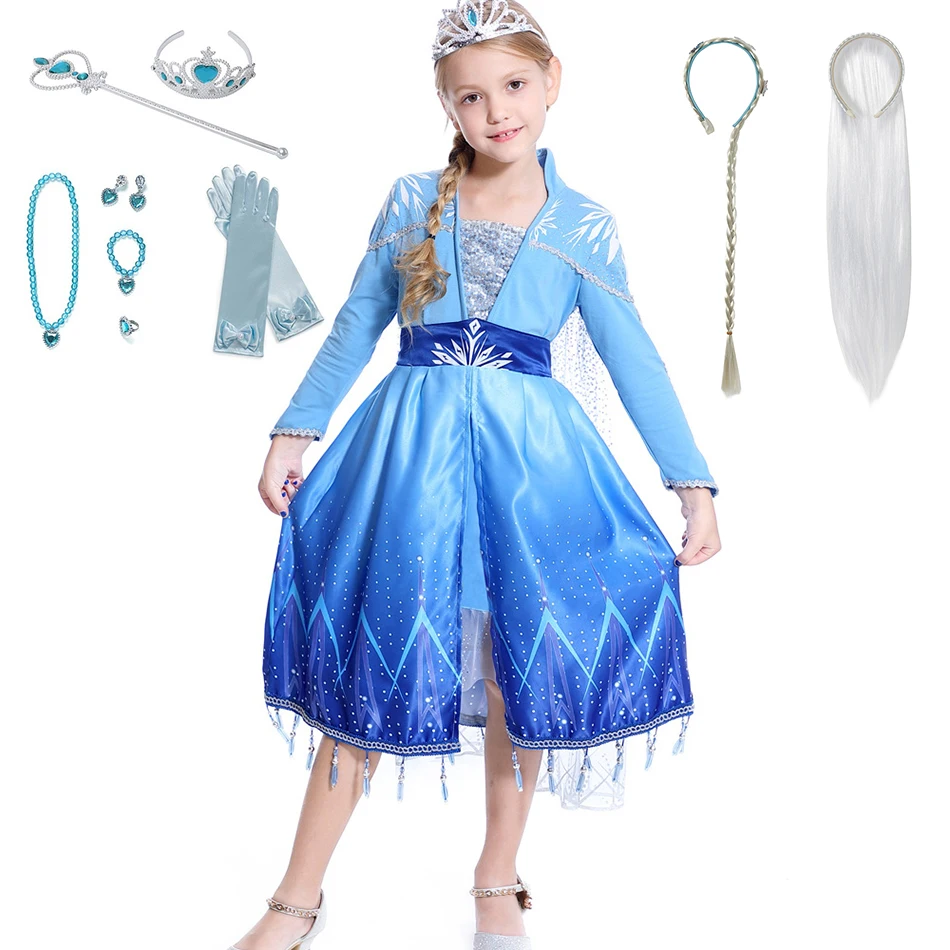 Snow Queen Dress Elsa 2 Kids Dresses For Girls Princess Christmas Cosplay Costumes Up Long Sleeve Blue Clothing | Детская одежда и