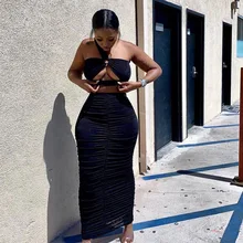 

Shirring Two Piece Set One Shoulder Strap Camis Tops Long Skirts Suit Sexy Women Clothes 2021 Summer Hollow Out Club Dress Suits