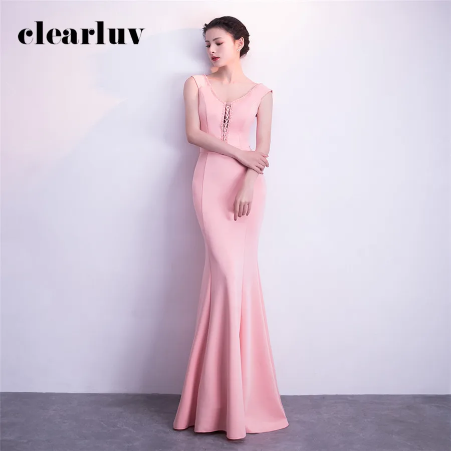 

Simple Evening Dress V-Neck Robe De Soiree Pink Long Elegant Formal Dress DX369-1 2020 Plus Size Beading Sexy Slim Evening Gown