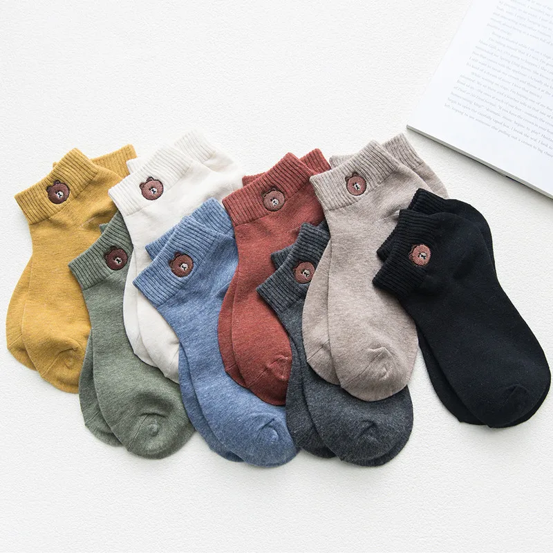 Spring And Summer New Style College Style Low-Cut Low Top Versatile Cotton Short Socks Japanese-style Cartoon Bear Embroidered W