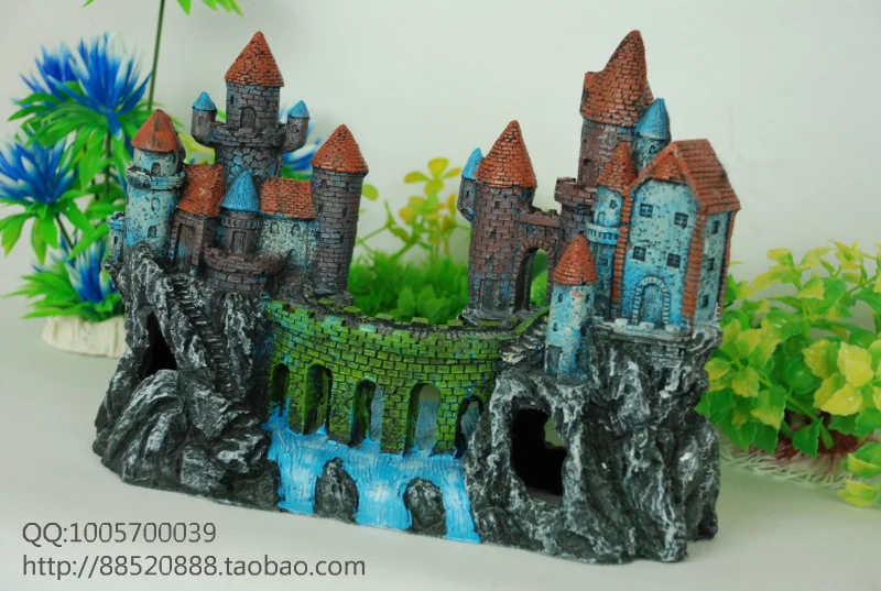 Украшение для аквариума, древний замок L26cm* W10cm* H19cm, украшение из смолы с отверстиями для плавания рыбы