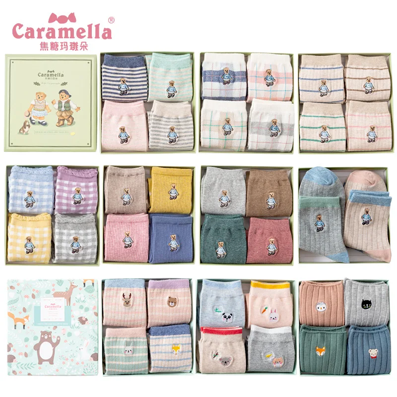 

CARAMELLA Autumn And Winter New Products Cartoon Embroidered 4 Double Gift Box Socks Japanese-style Female Cotton Socks Pure Cot