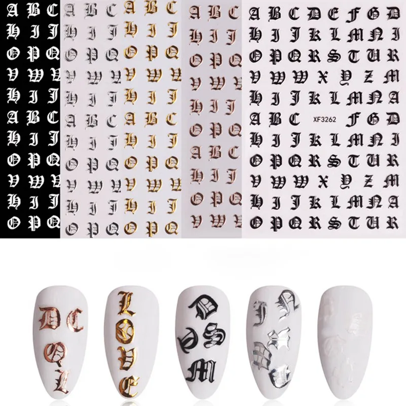 Лидер продаж 5 шт./компл. исскуство ногати наклейки золото слово серебристого цвета с белыми буквами алфавита черный ABC наклейки для ногтей дизайн Self-клеющимся