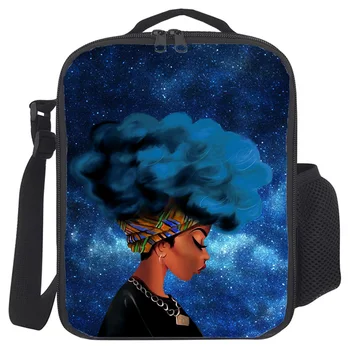

Women Ladies Girls Kids Portable Insulated Lunch Bag Box African Woman Female Blue Starry Hair Picnic Tote Cooler Lunch Bag